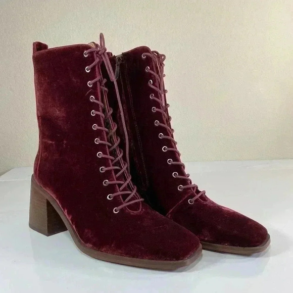 Sam Edelman Westie Brick Velvet 7.5 Chunky Heel Squared Toe Lace Up Boots - Picture 9 of 10